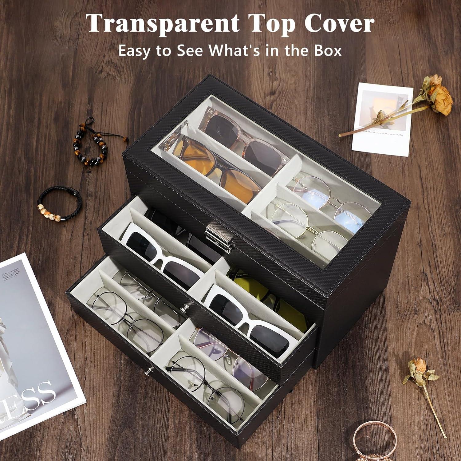 Organizador de Gafas MoKo de Cuero con Tapa de Vidrio 18 Ranuras
