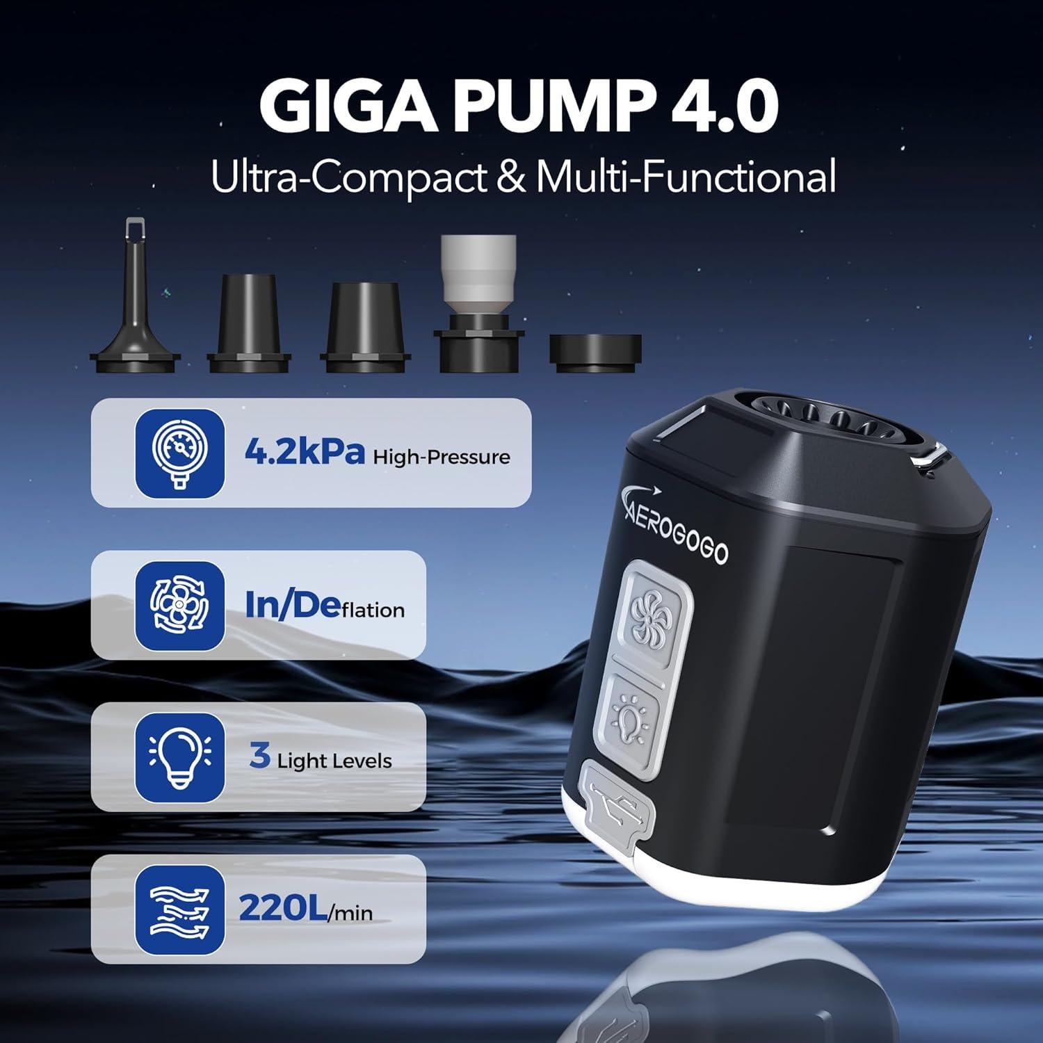 Bomba de Aire Recargable GIGA PUMP 4.0 con Linterna 4.2 kPa
