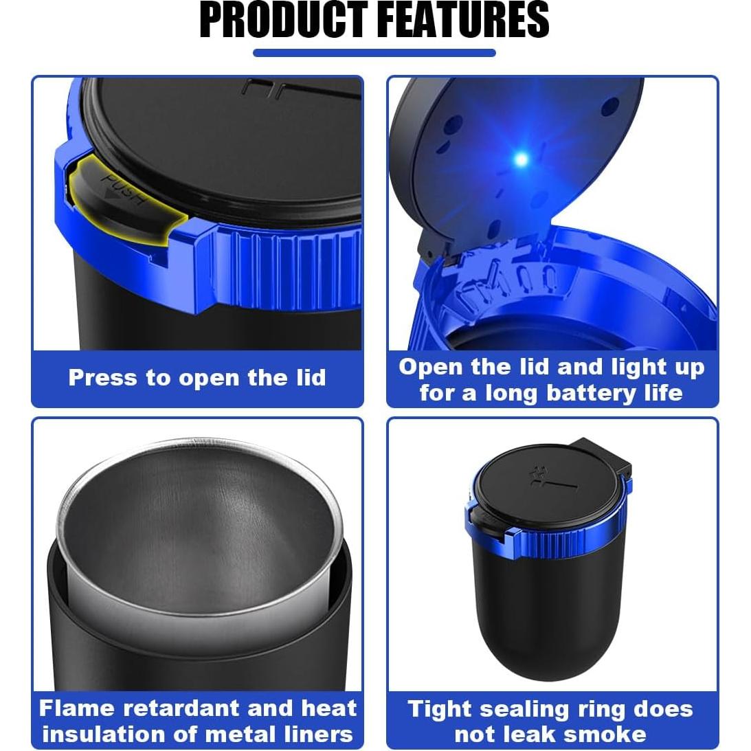 Cenicero de coche SMILFUY con luz LED azul, a prueba de olores