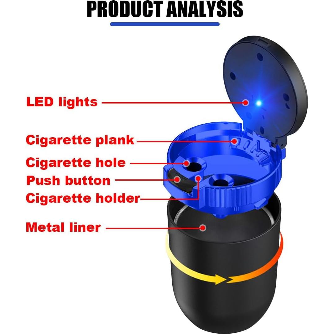 Cenicero de coche SMILFUY con luz LED azul, a prueba de olores