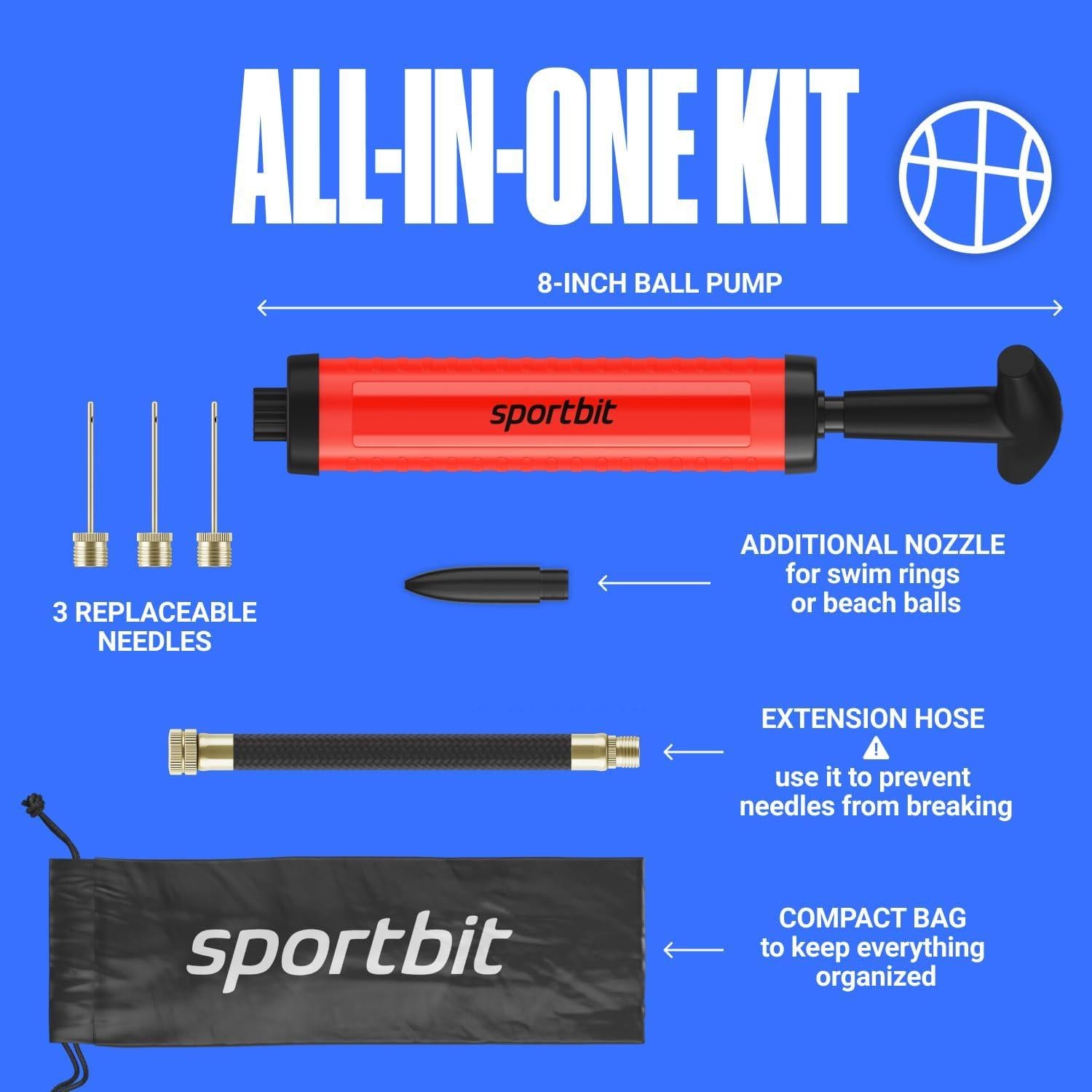 Bomba de Pelotas SPORTBIT Manual con 3 Agujas y Manguera