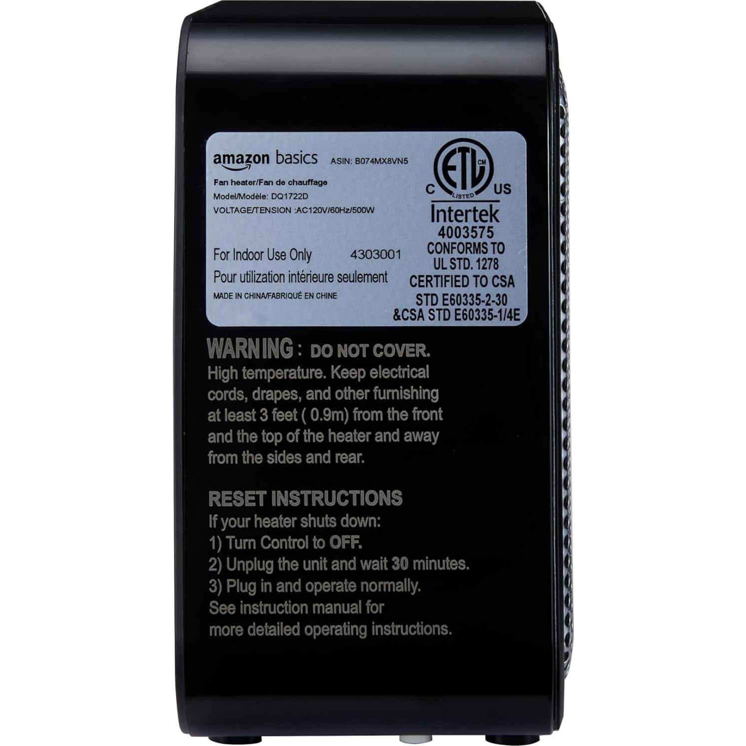 Calentador de Cerámica Amazon Basics 500W Portátil Negro