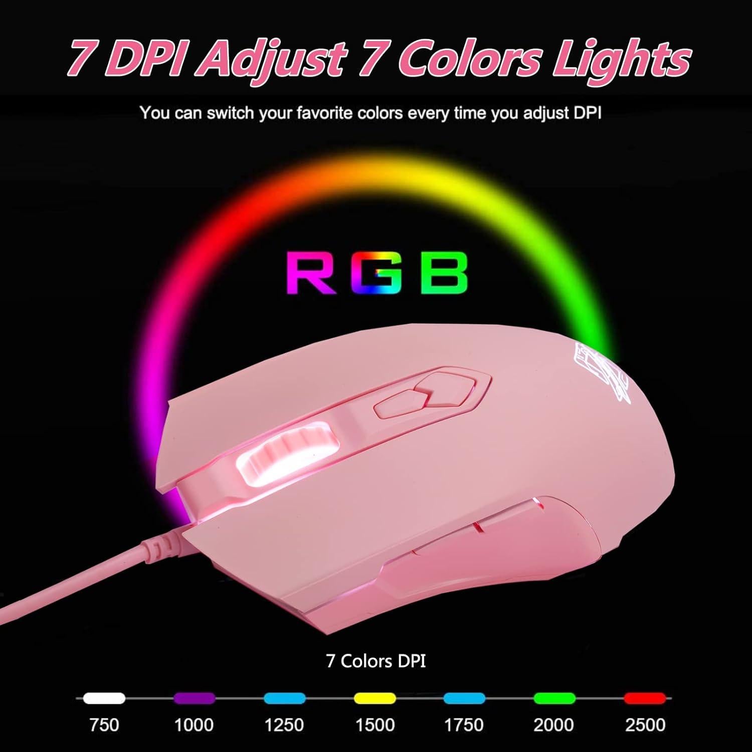 Ratón Gaming RGB Lomiluskr AJ52, 7 Botones, 200-4800 DPI, Rosa