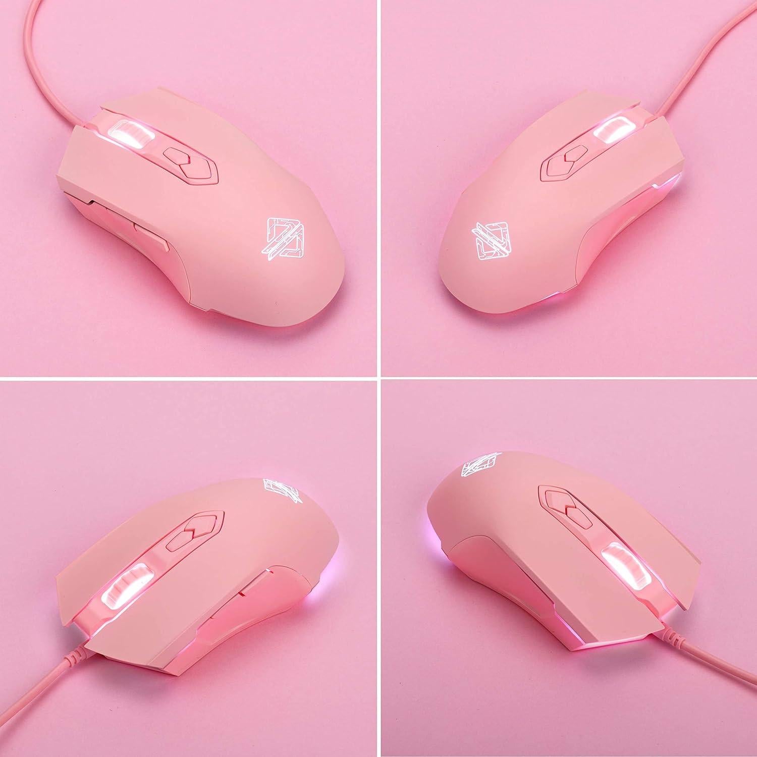 Ratón Gaming RGB Lomiluskr AJ52, 7 Botones, 200-4800 DPI, Rosa