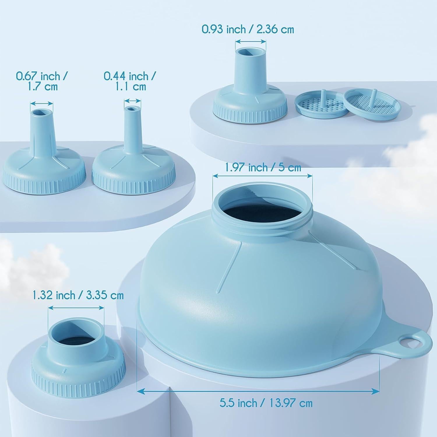 Embudo Versátil Pisol con 5 Tamaños y 2 Coladores, Azul