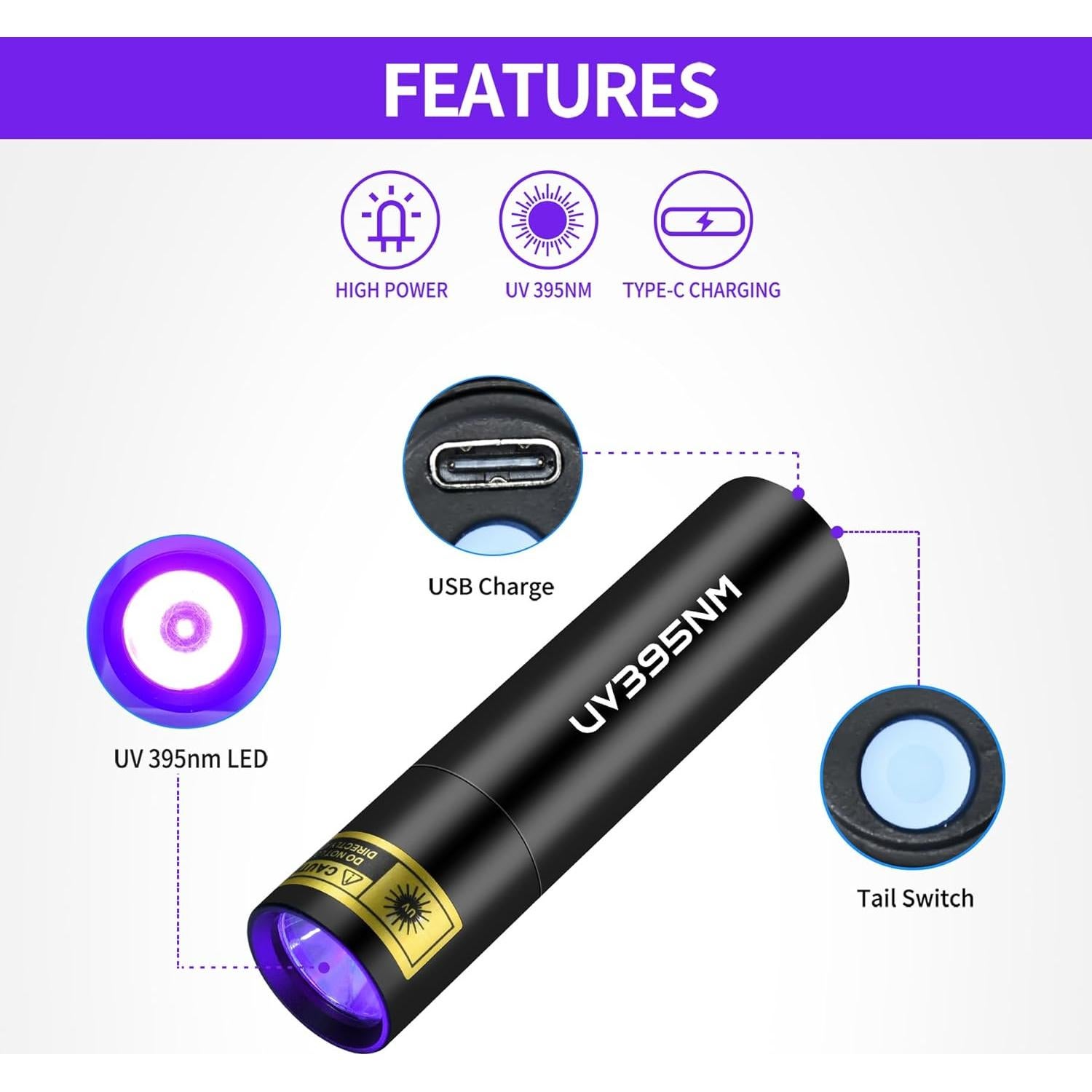 Linterna UV PZZOE 395nm Recargable USB Mini Portátil