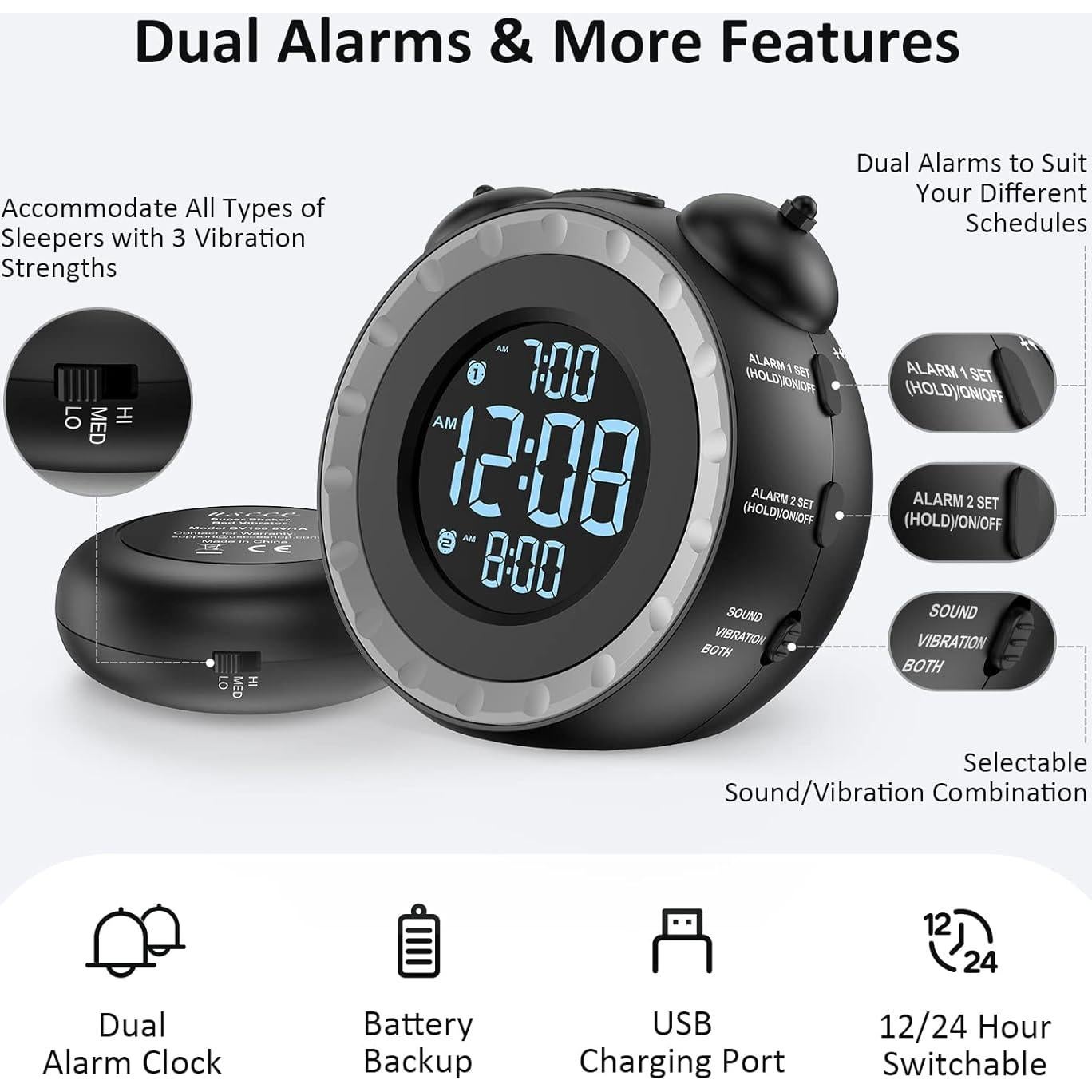 Reloj Despertador Doble USCce con Vibrador y USB Negro