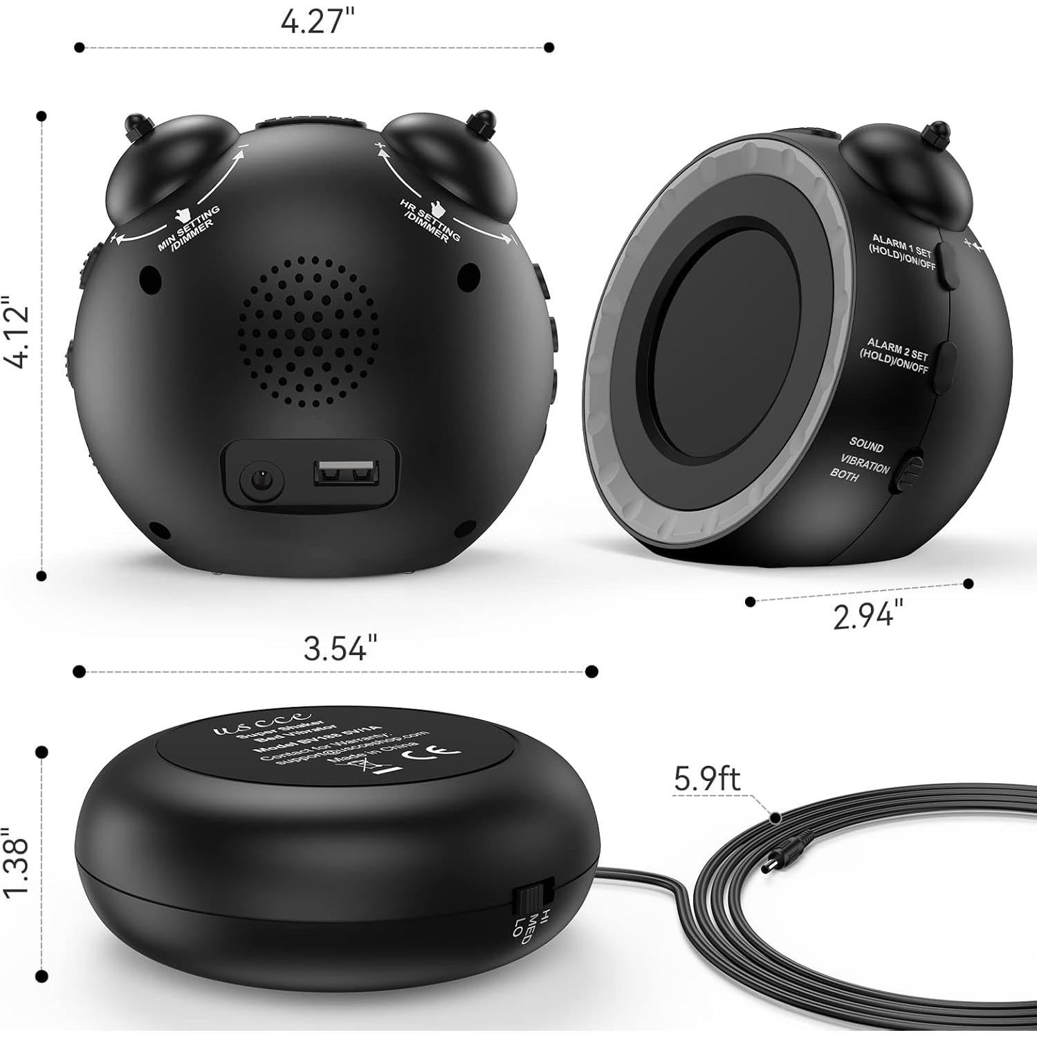 Reloj Despertador Doble USCce con Vibrador y USB Negro