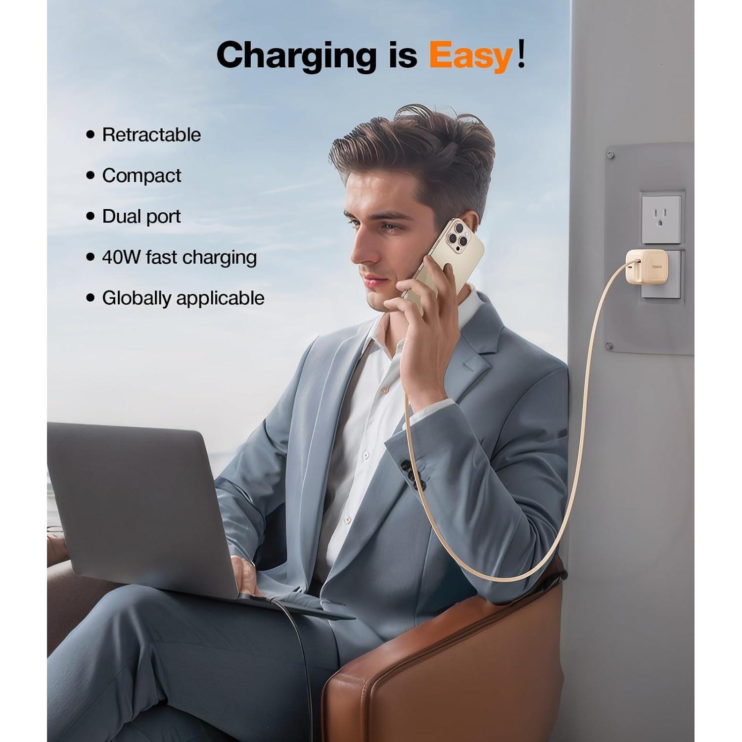 Cargador USB C TORRAS 40W con Cable Retráctil Dorado Rosa