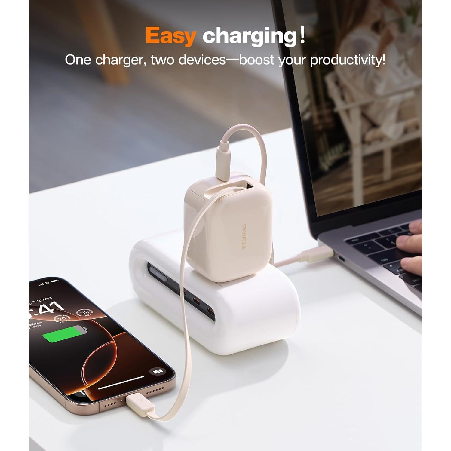 Cargador USB C TORRAS 40W con Cable Retráctil Dorado Rosa