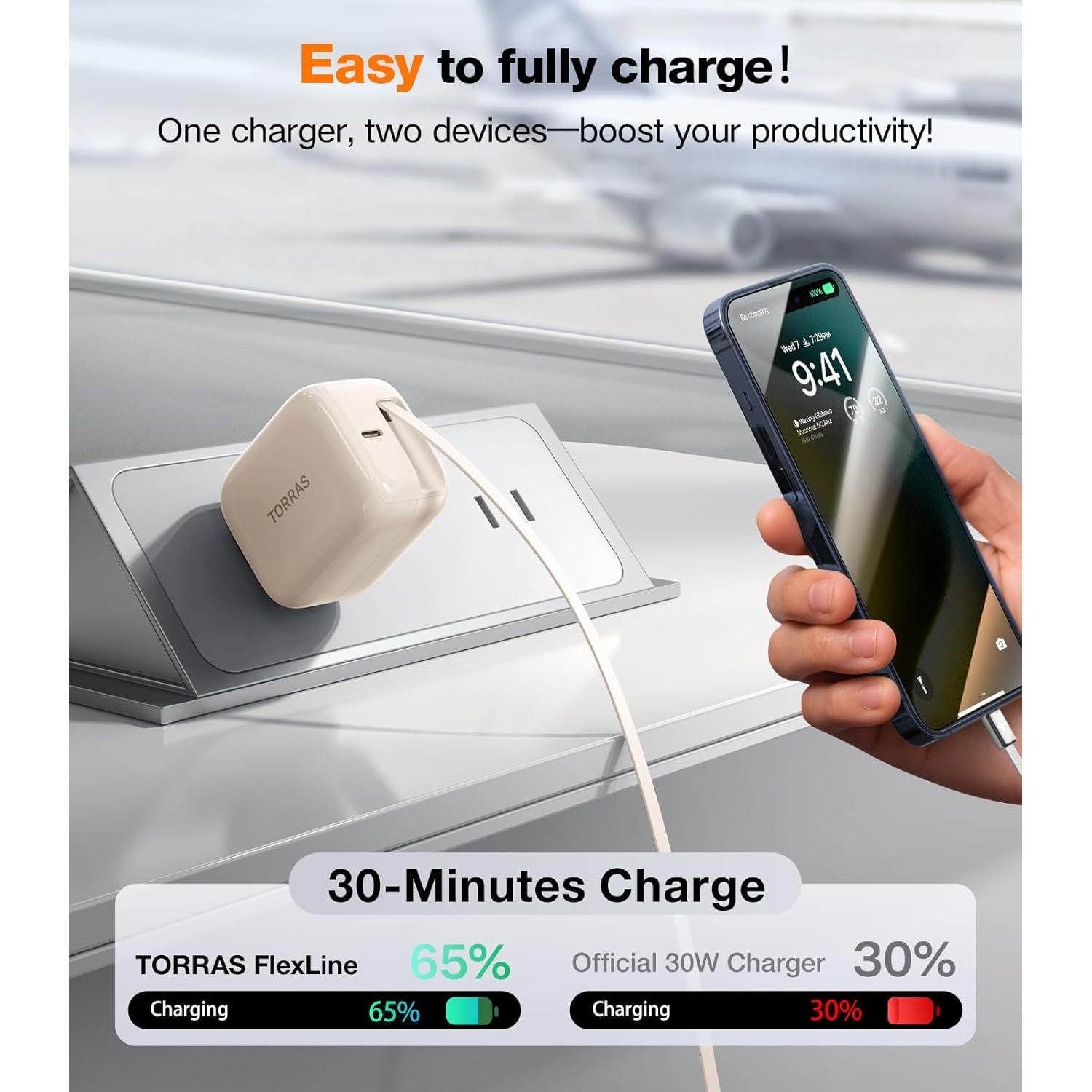 Cargador USB C TORRAS 40W con Cable Retráctil Dorado Rosa