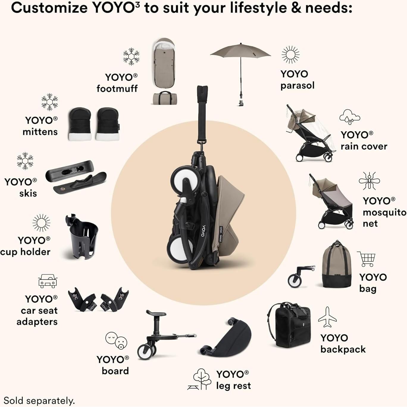 Carriola Stokke YOYO 6+ Taupe con Almohadilla y Capota