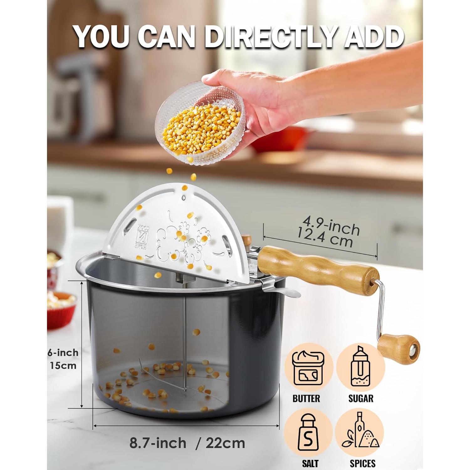 Cook N Home Stovetop Popcorn Popper with Crank, 6-Quart Aluminum Popcorn Pot, Black