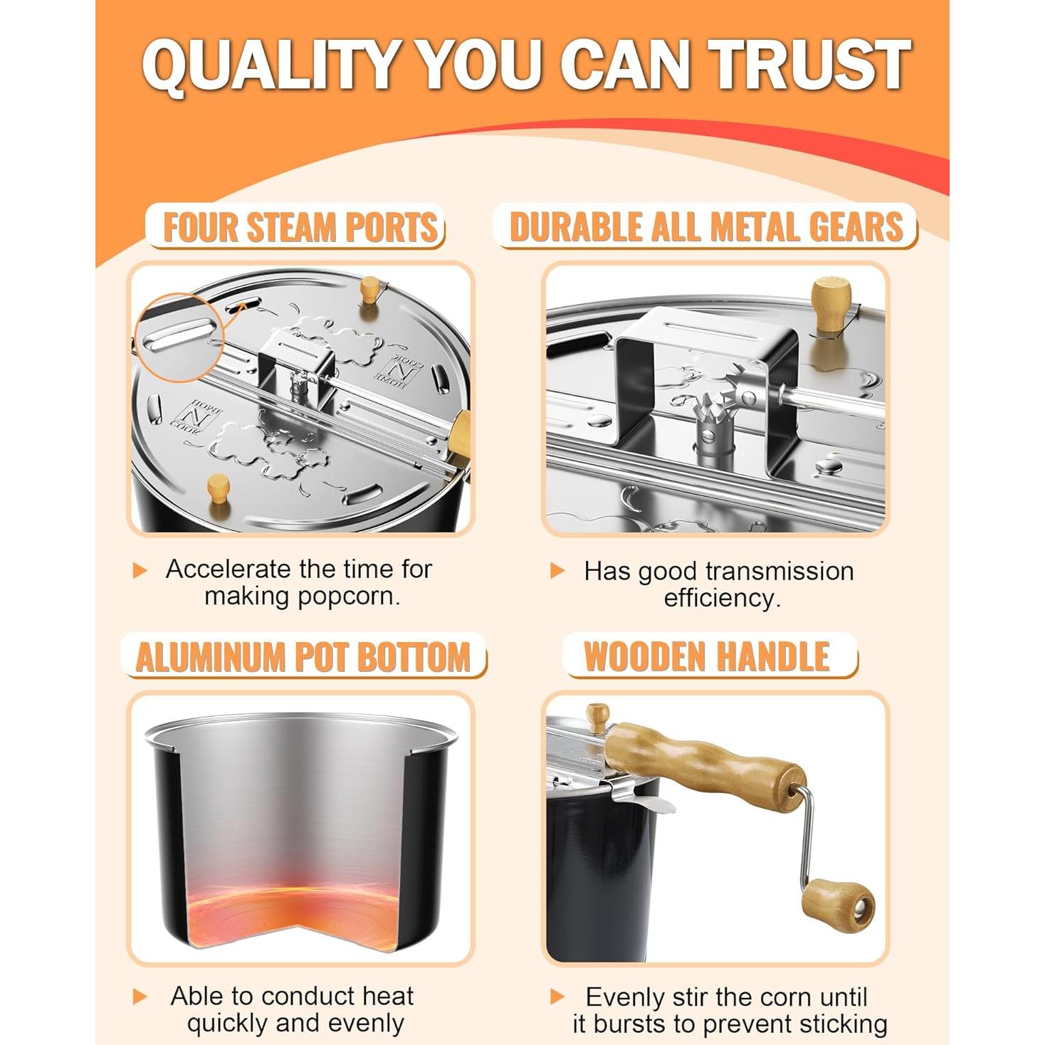 Cook N Home Stovetop Popcorn Popper with Crank, 6-Quart Aluminum Popcorn Pot, Black