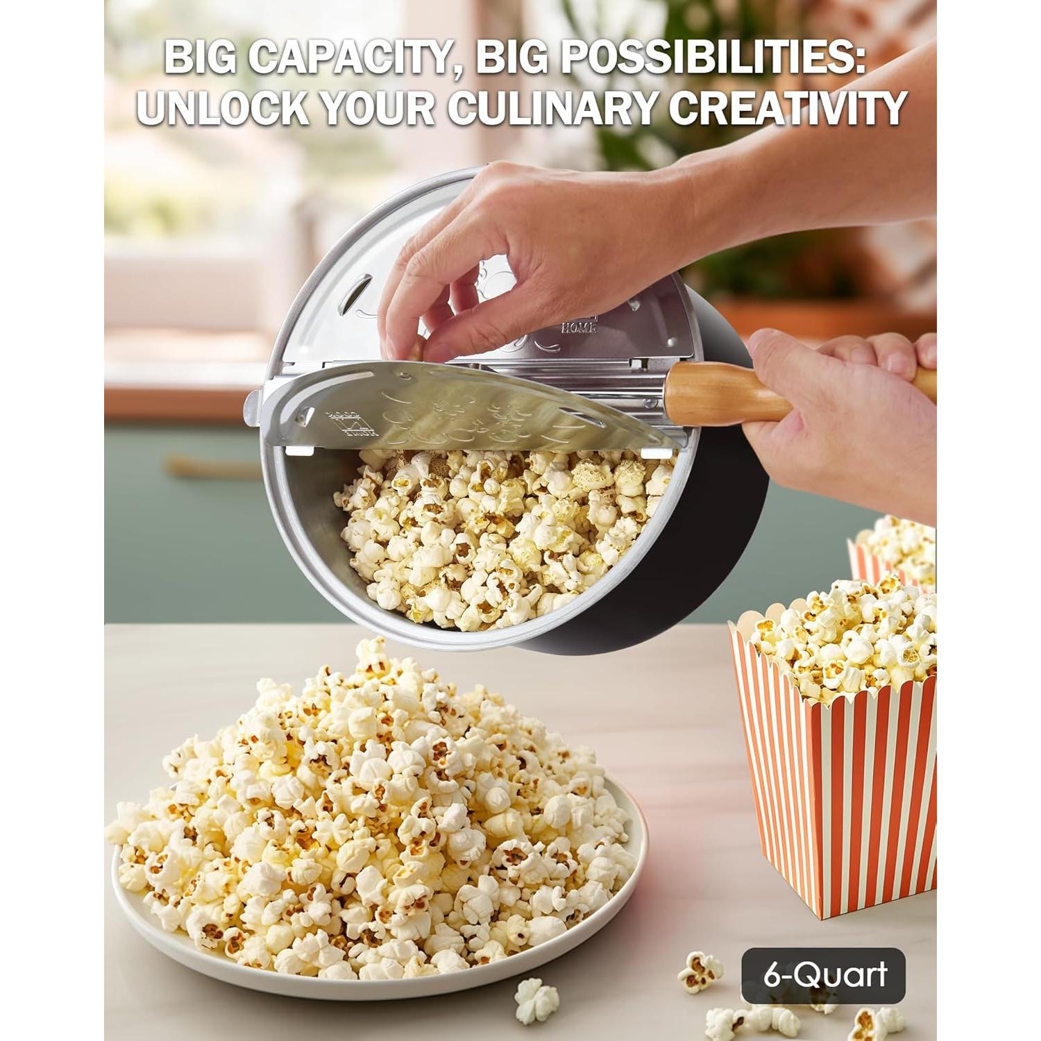 Cook N Home Stovetop Popcorn Popper with Crank, 6-Quart Aluminum Popcorn Pot, Black