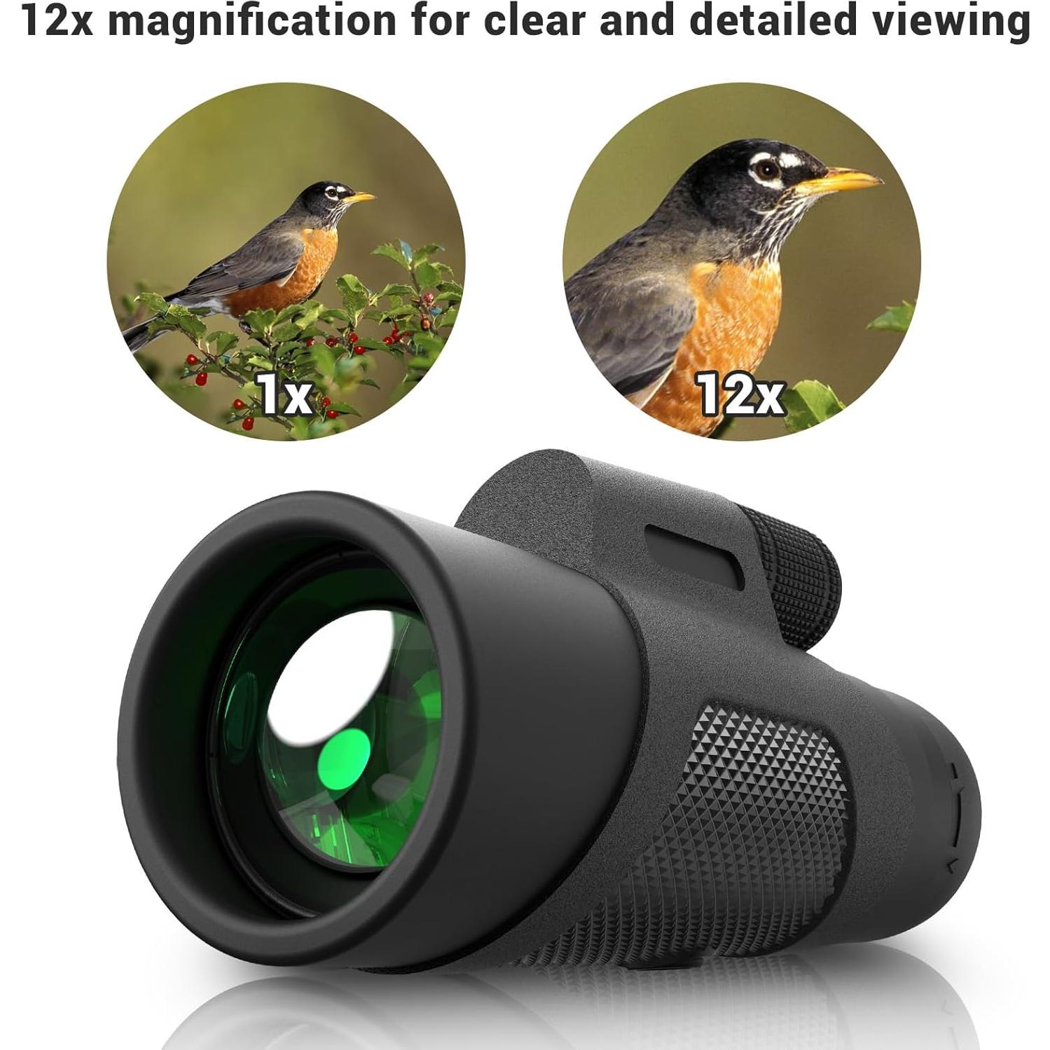 Telescopio Monocular 12x42 AMITHER Compacto HD para Aves
