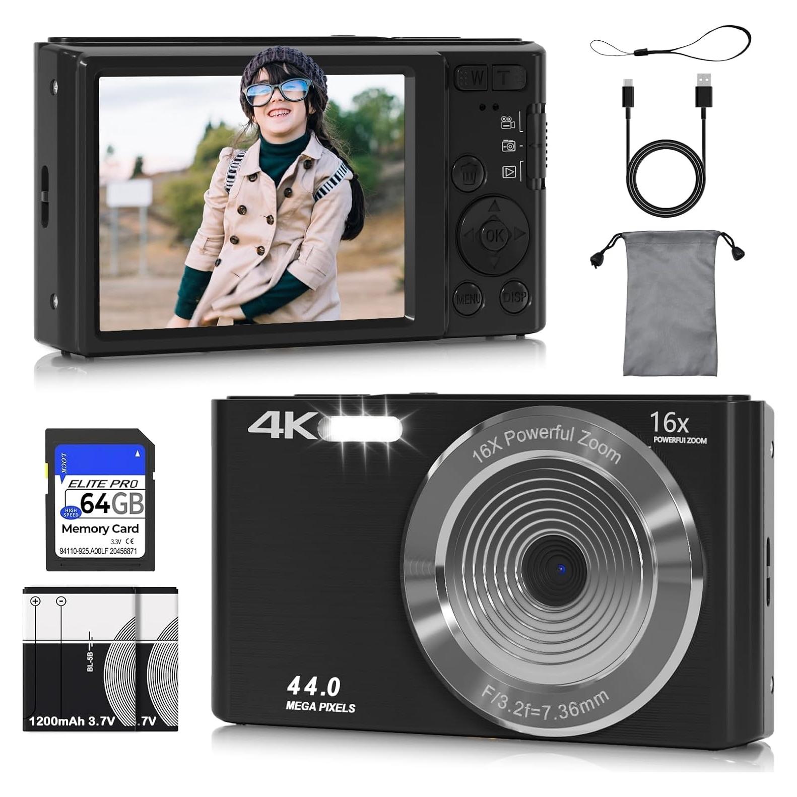 Cámara Digital Compacta Ceye 44MP 4K para Niños con SD 64GB