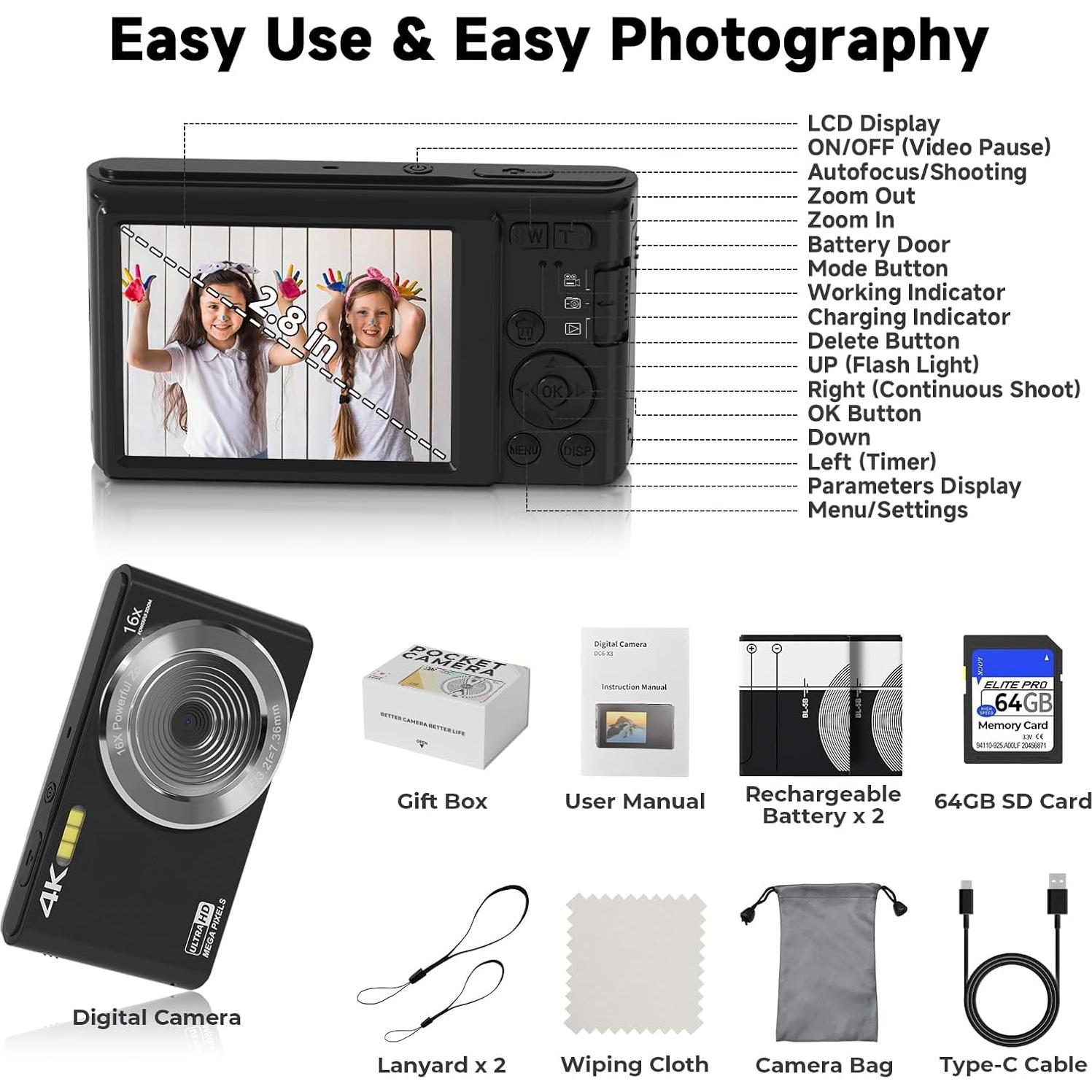 Cámara Digital Compacta Ceye 44MP 4K para Niños con SD 64GB