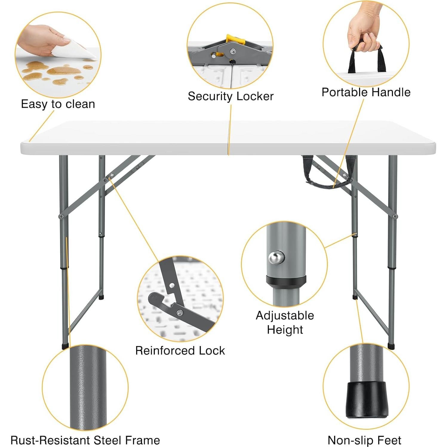 Mesa de Picnic Plegable SKOK 4FT Ajustable 150 kg Blanca