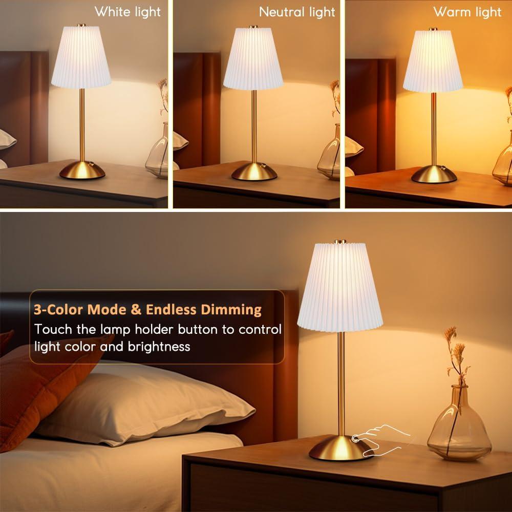 Lámpara de Mesa LED HPUFKOT Blanca con Pantalla de Tela