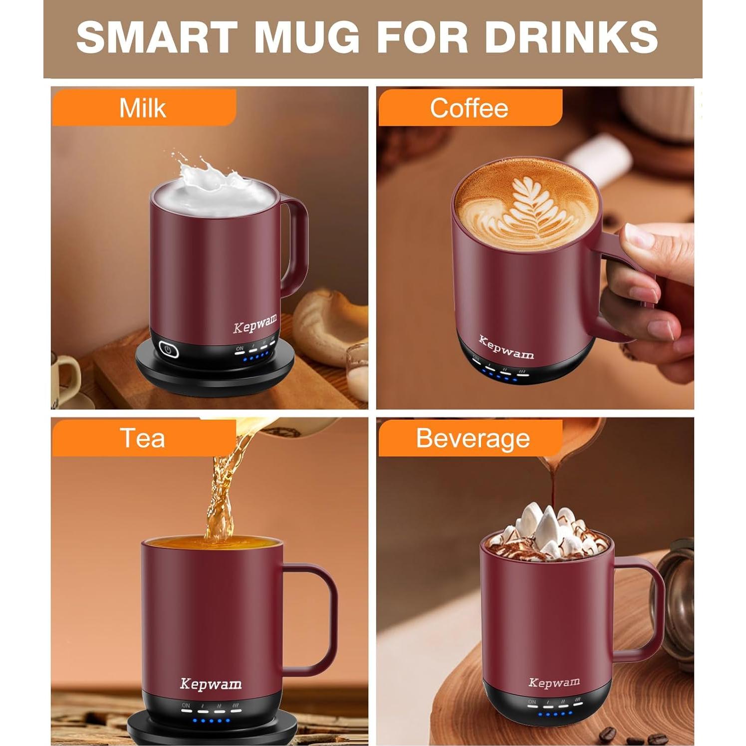 Taza de café autocalentable Kepwam Burdeos 16 oz - Control táctil