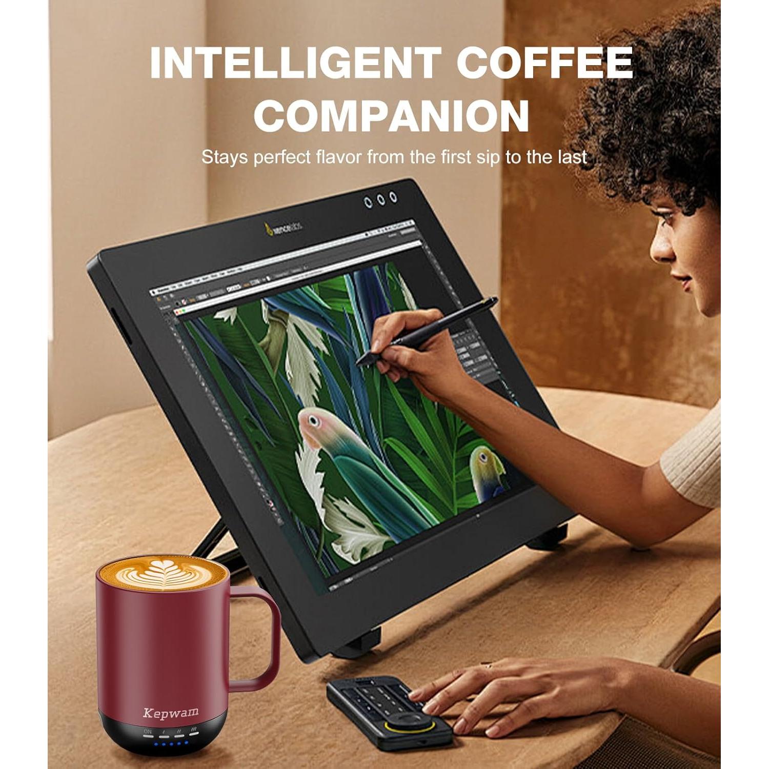 Taza de café autocalentable Kepwam Burdeos 16 oz - Control táctil