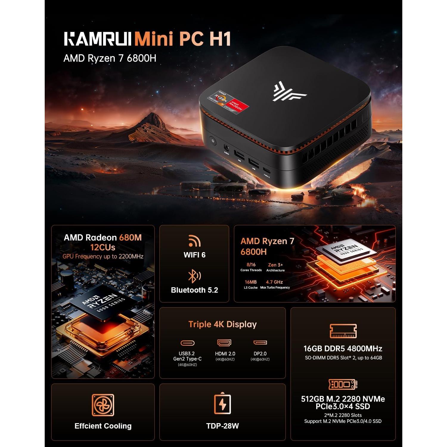Mini PC KAMRUI H1 Ryzen 7 6800H 16GB RAM 512GB SSD