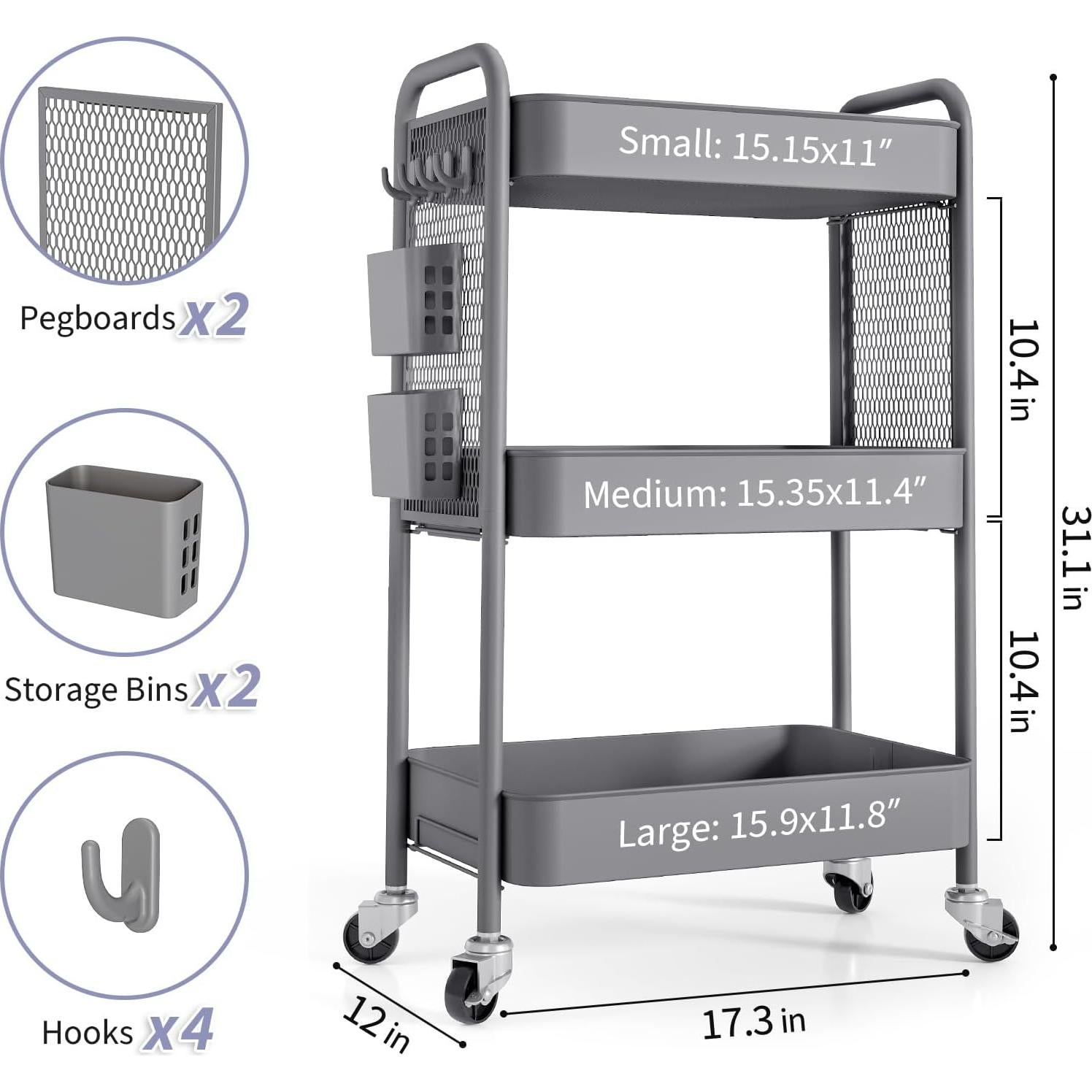 Carro Rodante de Almacenamiento TOOLF 3 Niveles Metal Gris