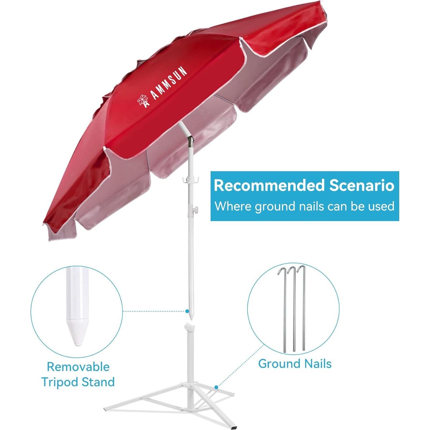 Sombrilla AMMSUN 1.98m Portátil Ajustable Rojo
