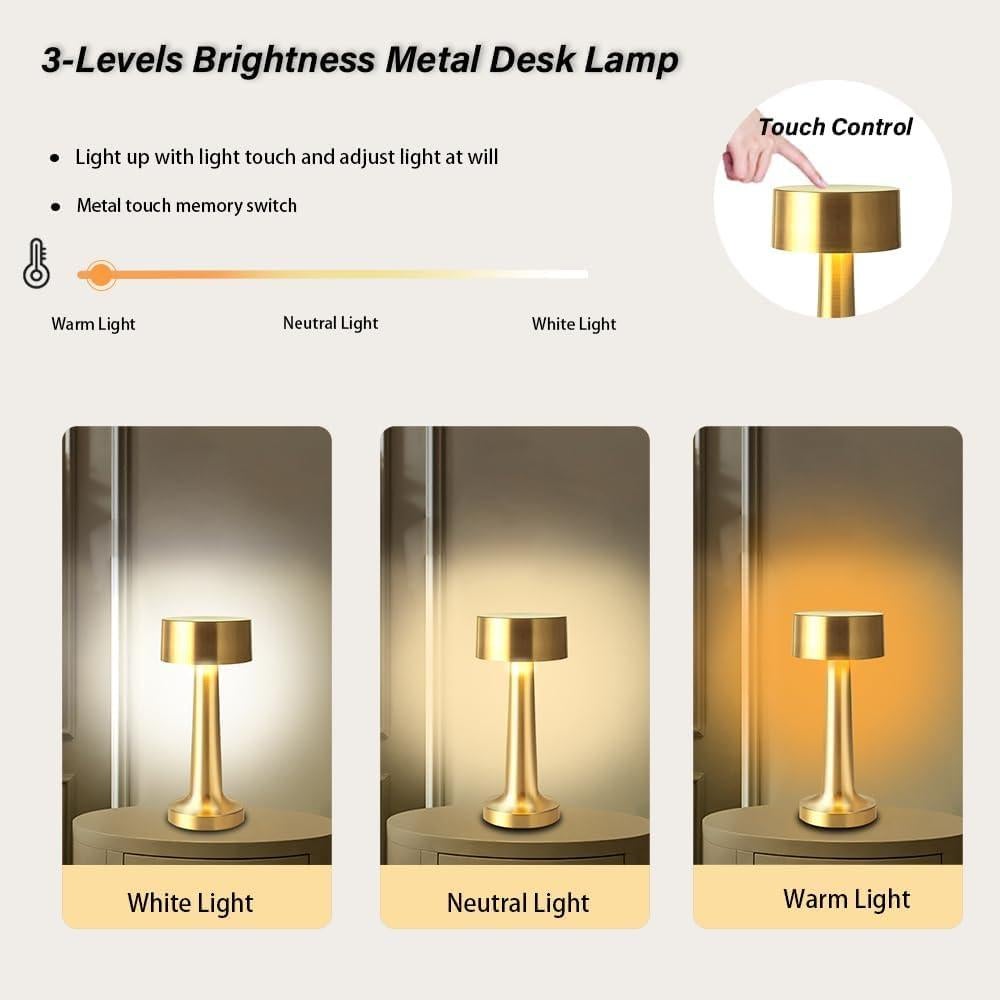 Lámpara de Mesa LED Portátil HPUFKOT Oro Metálico 3 Niveles