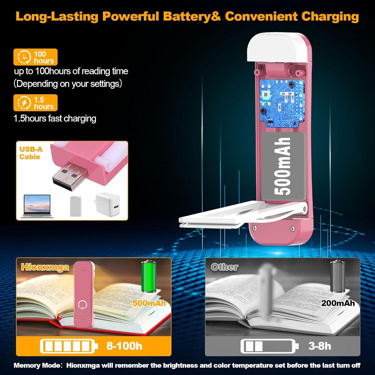 Luz de Lectura Recargable HIONXMGA Rosa con Clip y 7 LEDs