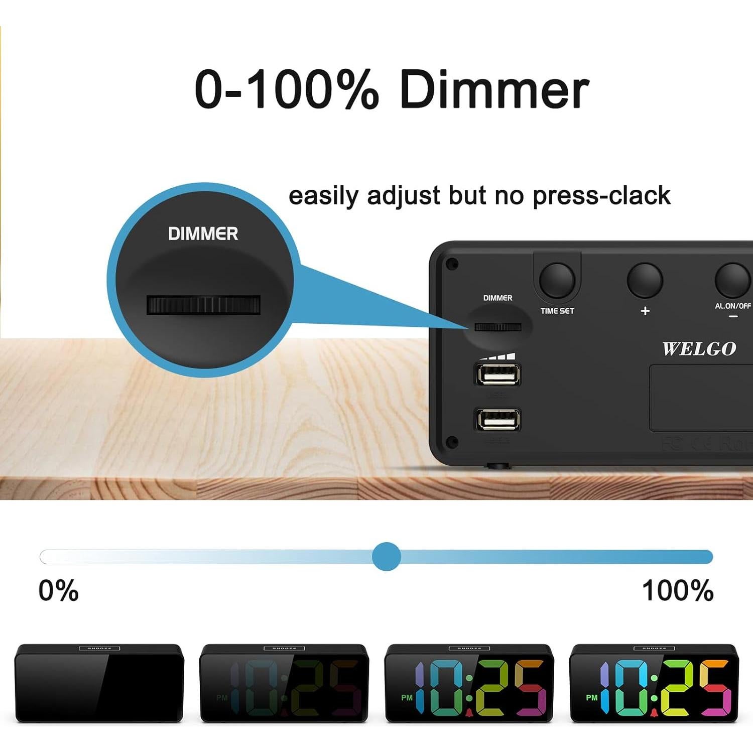 Reloj Despertador Digital Welgo 7.5" LED Ajustable USB