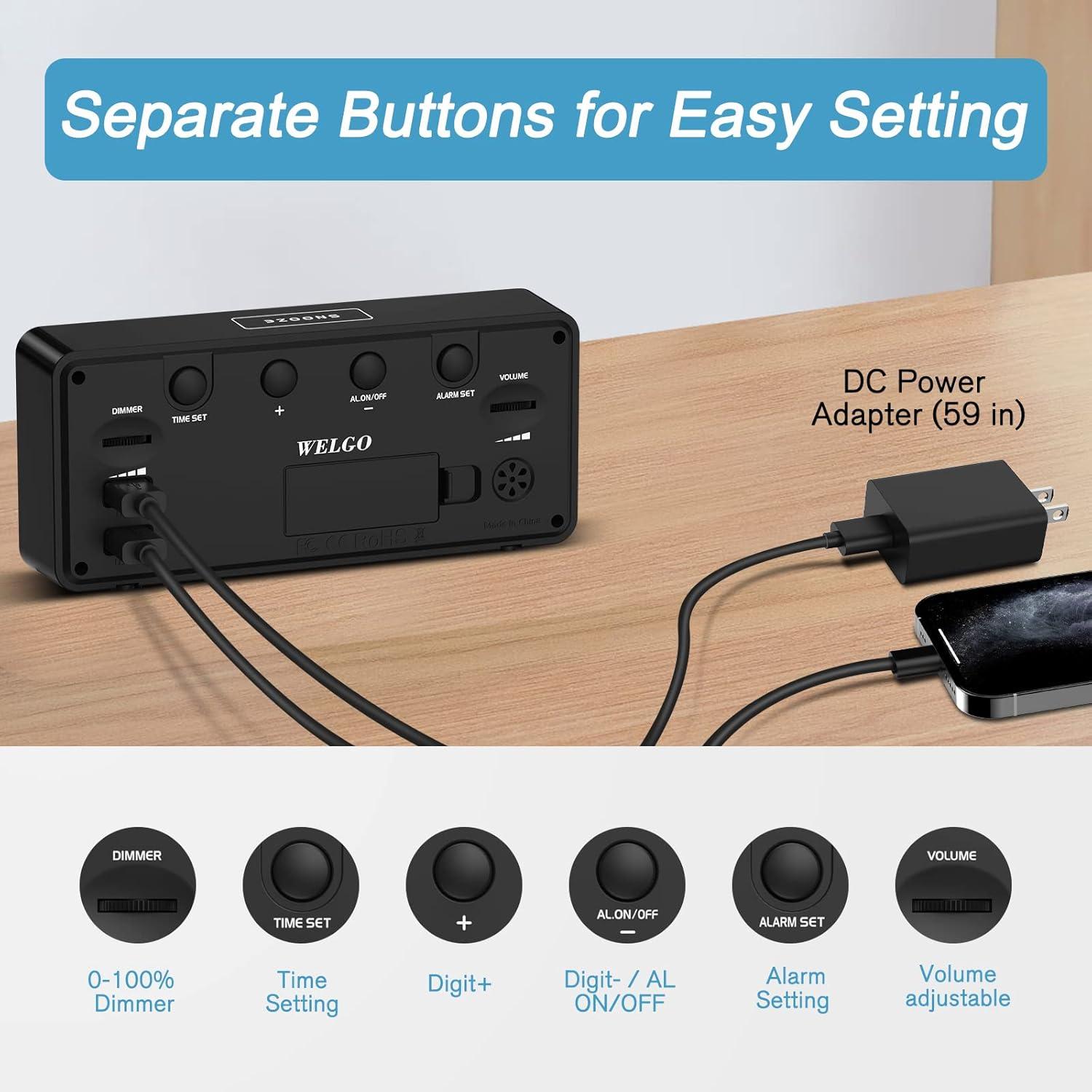 Reloj Despertador Digital Welgo 7.5" LED Ajustable USB