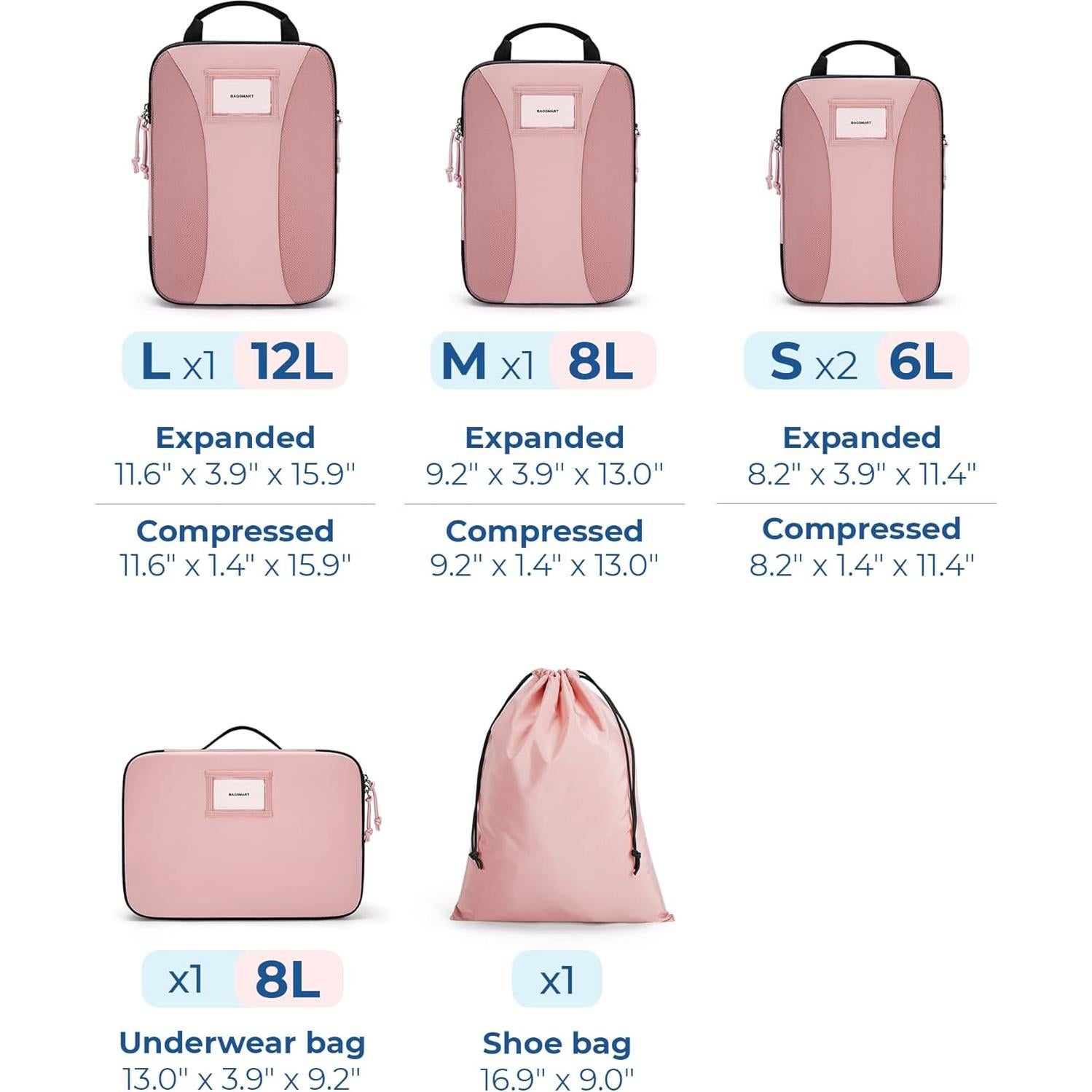 Cubos de Compresión para Empacar BAGSMART 6 PCS Rosa Bebé