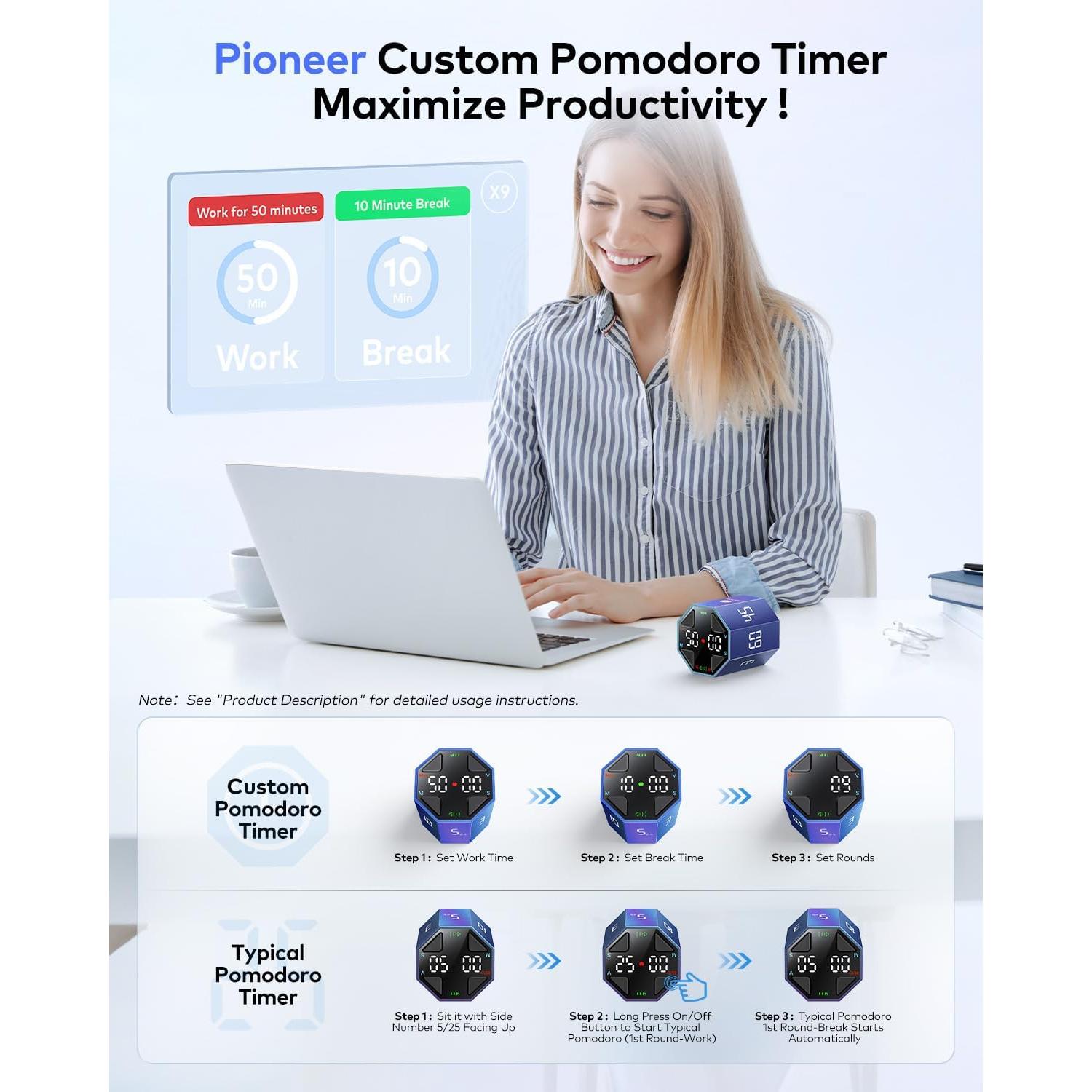 Temporizador Pomodoro Ticktime Azul, 7 Modos, Silencioso y Recargable