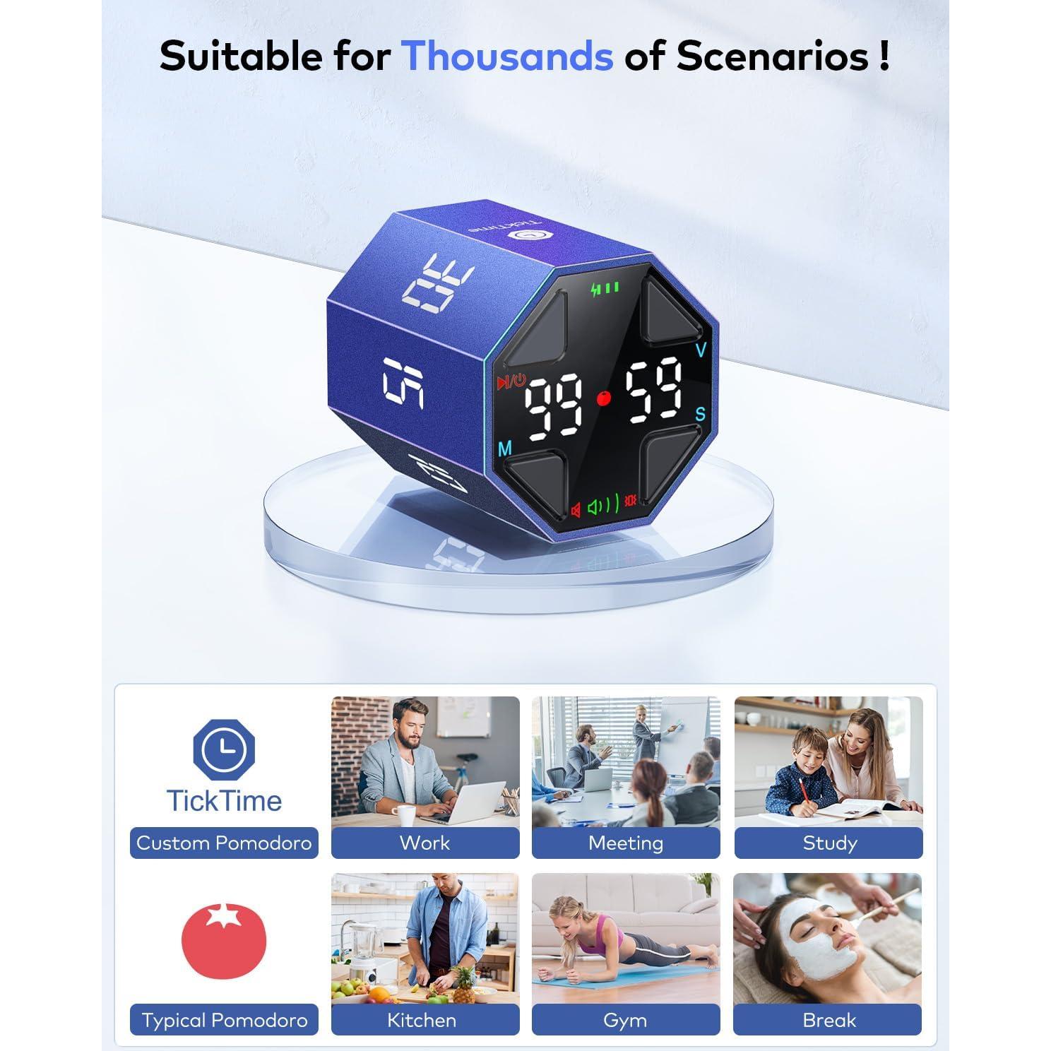 Temporizador Pomodoro Ticktime Azul, 7 Modos, Silencioso y Recargable