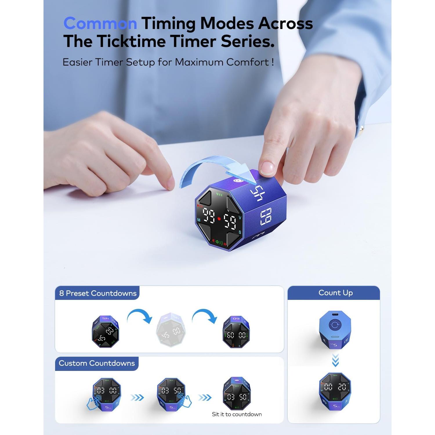 Temporizador Pomodoro Ticktime Azul, 7 Modos, Silencioso y Recargable