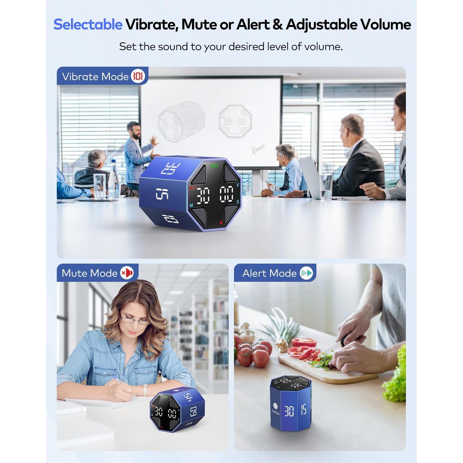 Temporizador Pomodoro Ticktime Azul, 7 Modos, Silencioso y Recargable