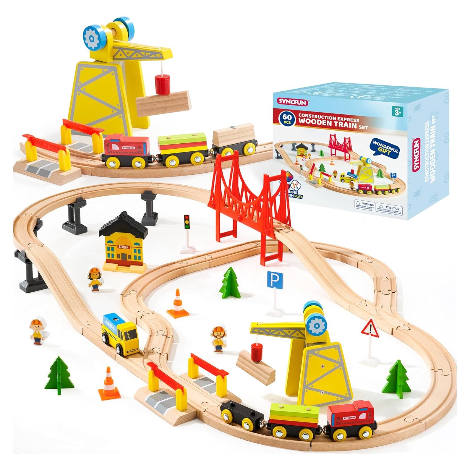 Juego de Tren de Madera Joyin 60 Piezas con Grúa Magnética