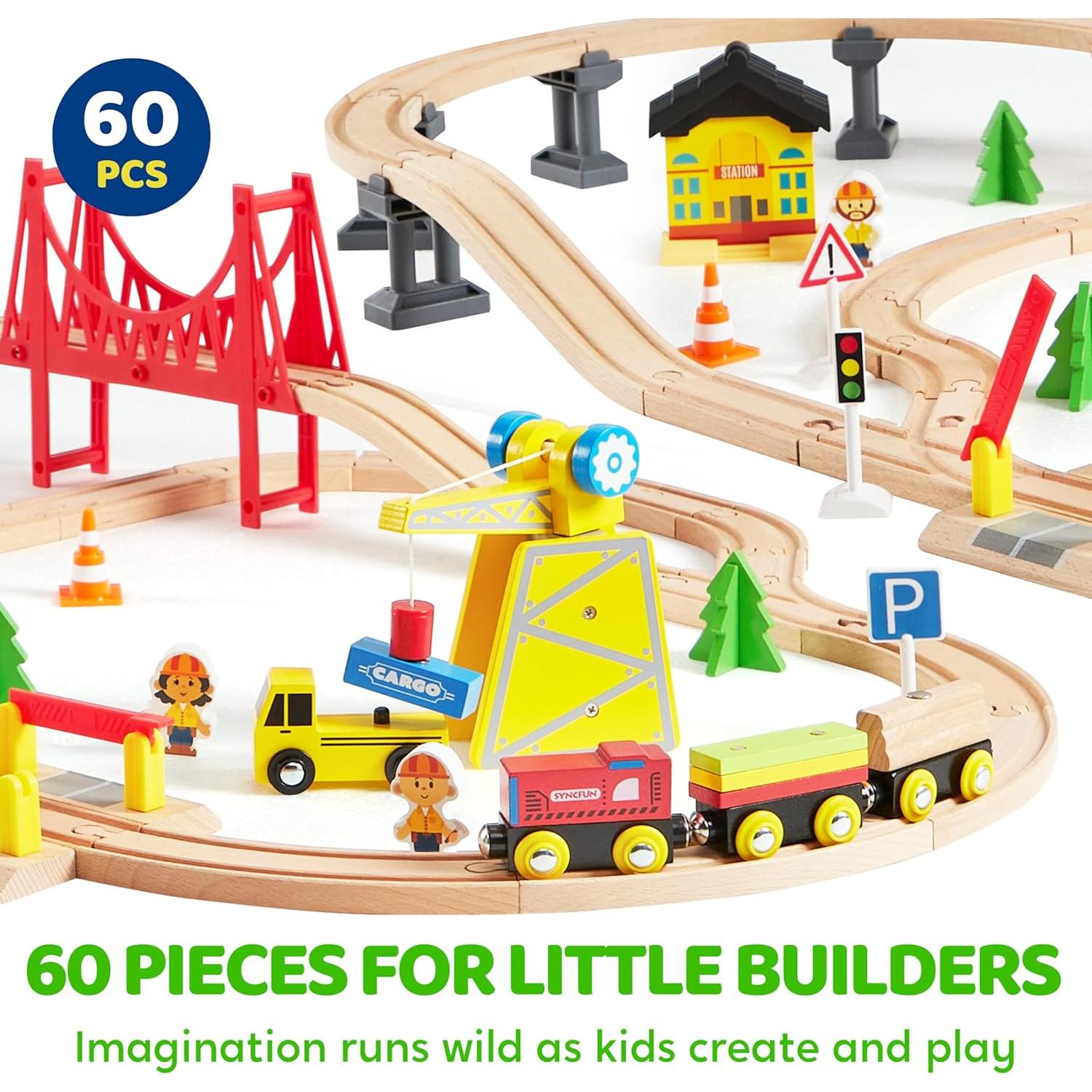 Juego de Tren de Madera Joyin 60 Piezas con Grúa Magnética