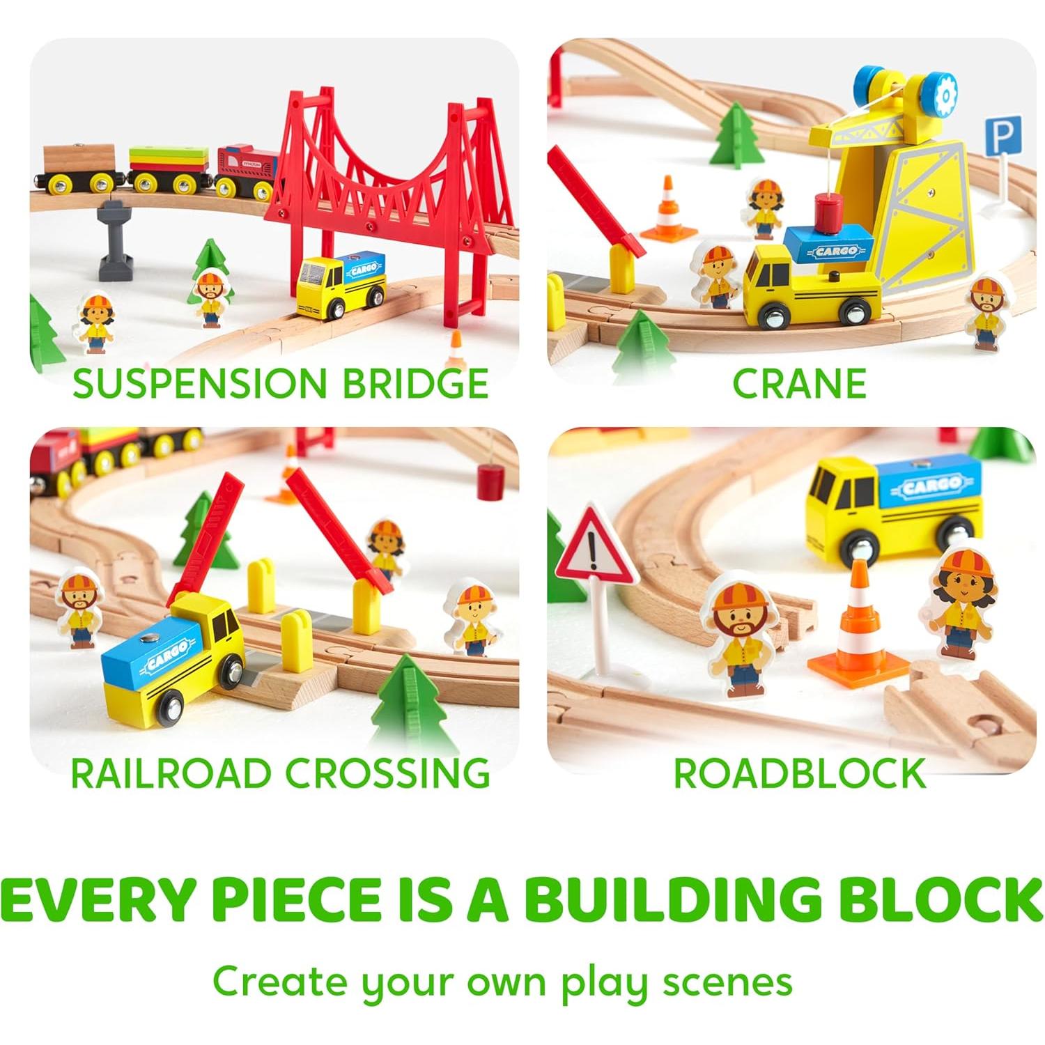 Juego de Tren de Madera Joyin 60 Piezas con Grúa Magnética