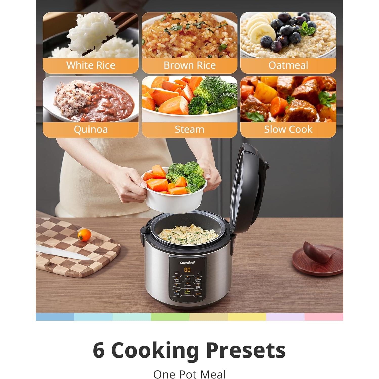 Cocedor de Arroz COMFEE' Eléctrico 2 QT Acero Inoxidable 6 en 1