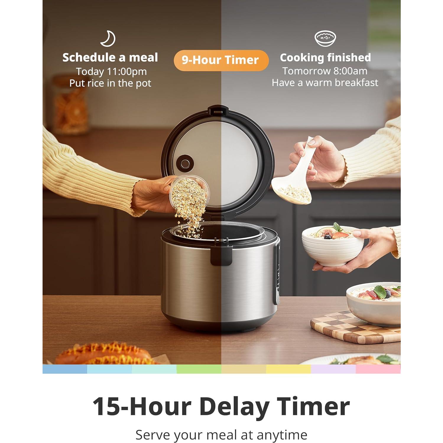 Cocedor de Arroz COMFEE' Eléctrico 2 QT Acero Inoxidable 6 en 1