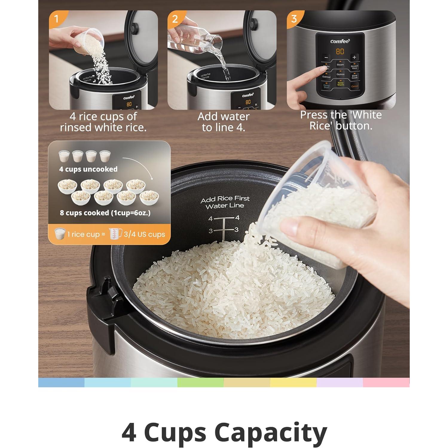 Cocedor de Arroz COMFEE' Eléctrico 2 QT Acero Inoxidable 6 en 1