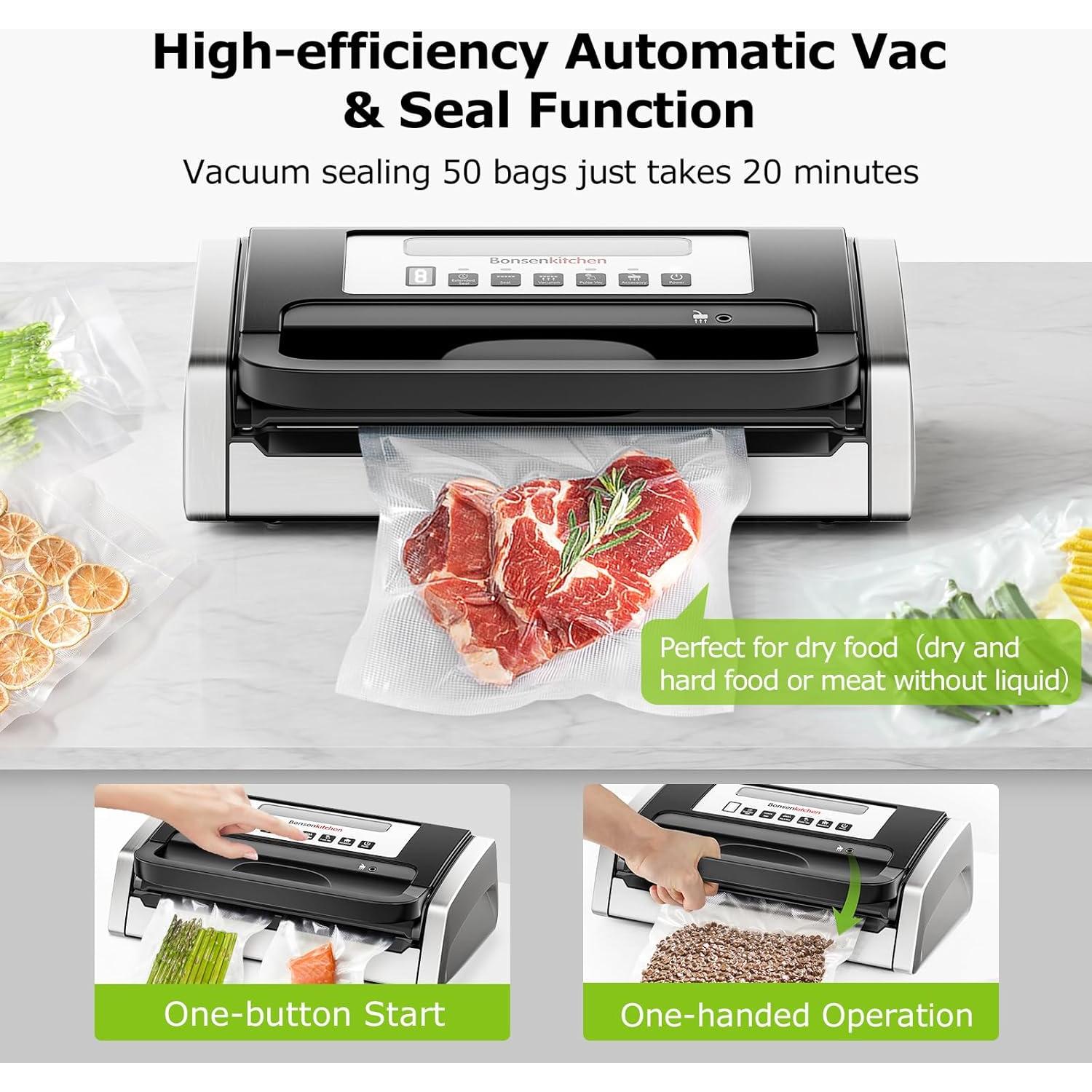 Selladora al Vacío Bonsenkitchen VS4100-T, 135W, 2 Rollos + 100 Bolsas