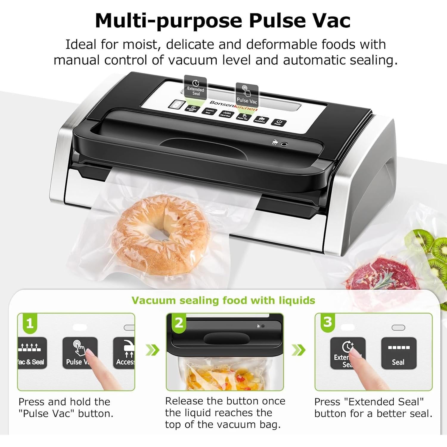 Selladora al Vacío Bonsenkitchen VS4100-T, 135W, 2 Rollos + 100 Bolsas