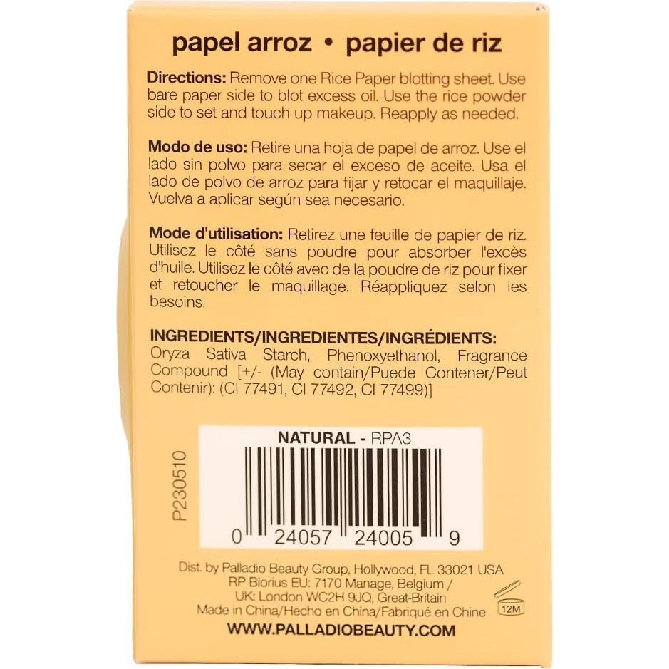 Papel de Arroz Absorbente Palladio para Piel Grasa 40 Hojas