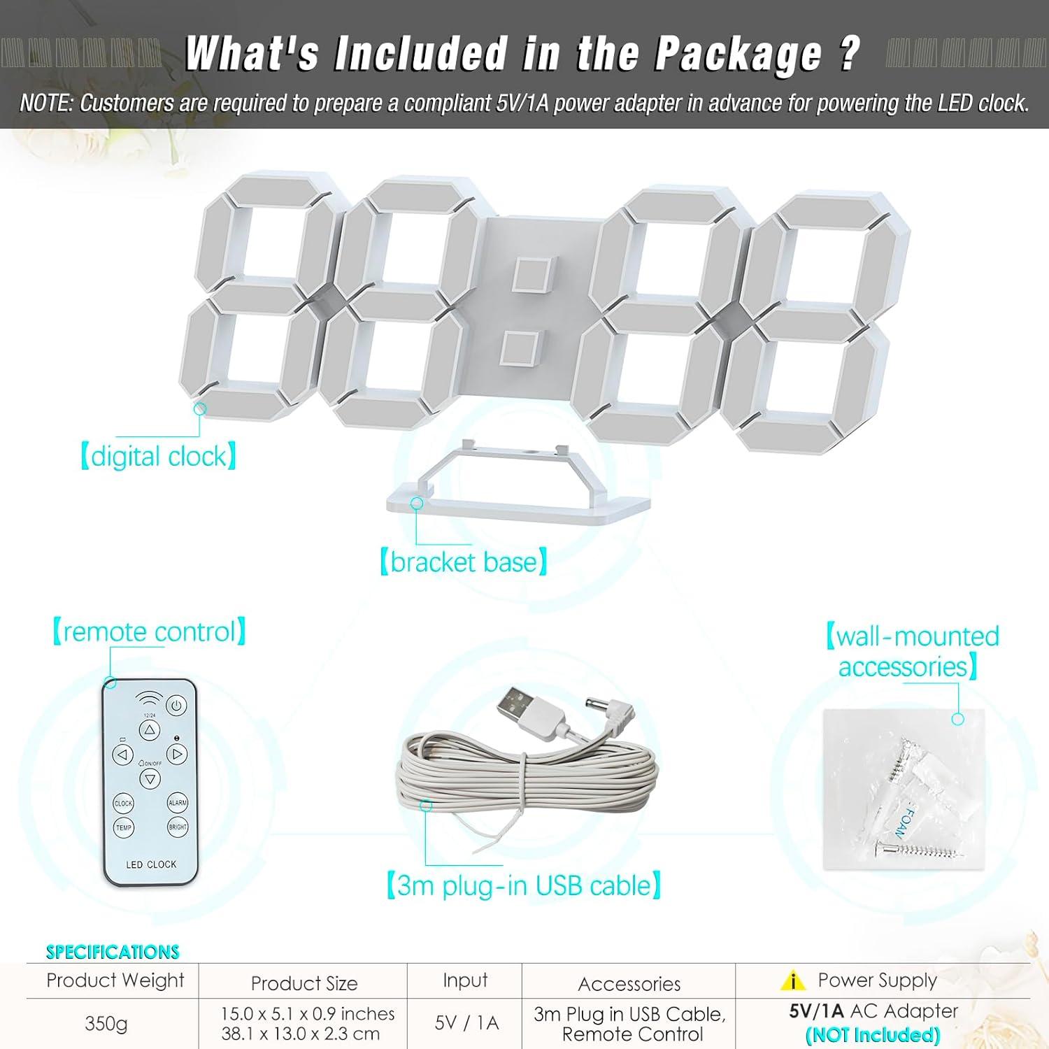 Reloj de Pared Digital KOSUMOSU 15" LED 3D con Control Remoto