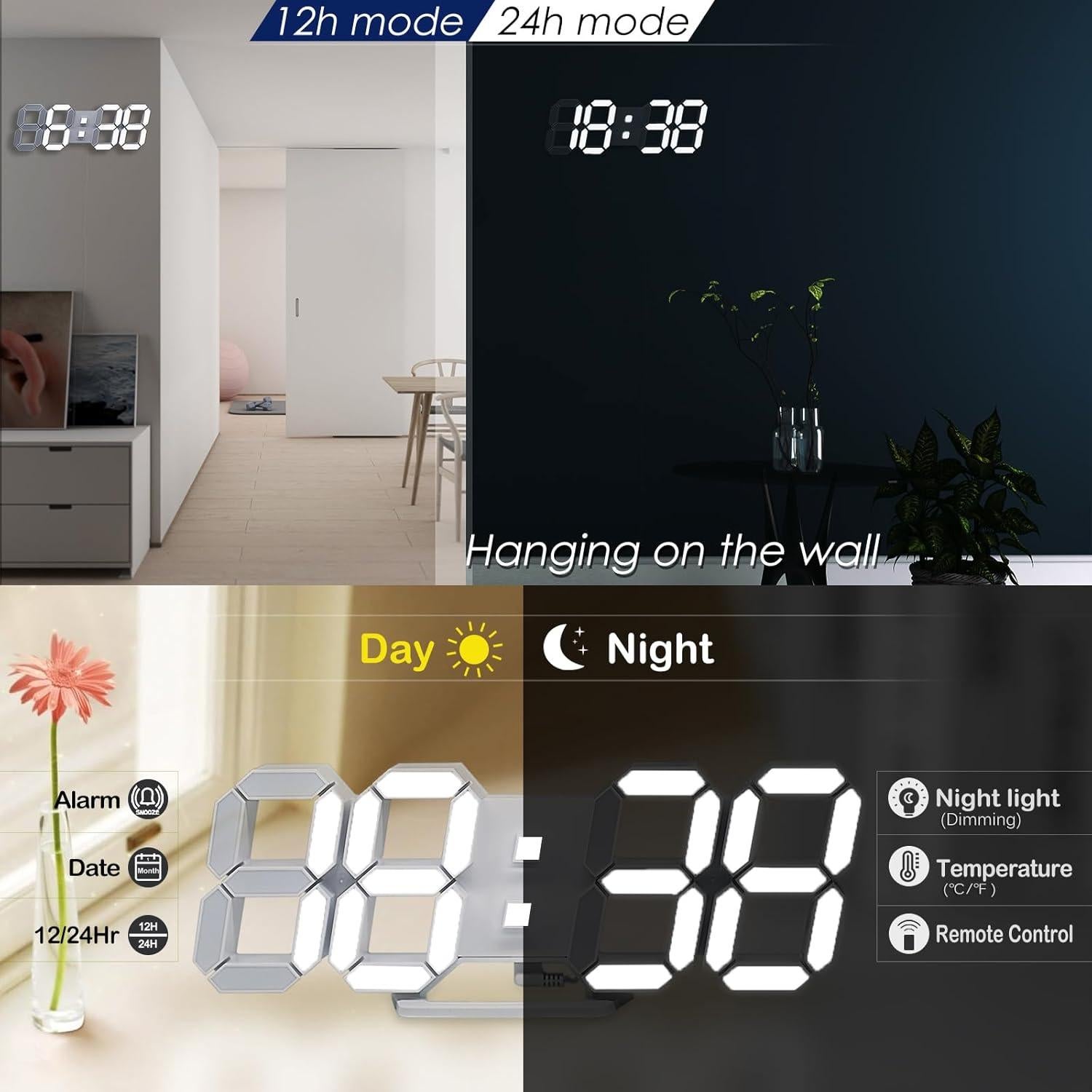 Reloj de Pared Digital KOSUMOSU 15" LED 3D con Control Remoto