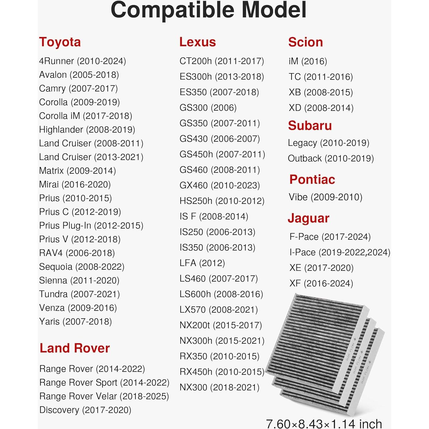 Filtro de Aire de Cabina Puroma TCF285S Compatible Toyota 3 pcs